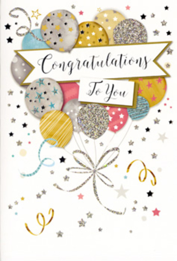In this illustration, the congratulations card is brought to life with a design that feels airy, festive, and carefully considered. At its centre is a tall, gently tapering bundle of balloons that seem to float upward in unison, reminiscent of a cheerful balloon bouquet greeting guests at a celebration near Roehampton's green spaces. The balloons are depicted in soft metallic and pastel hues-warm golds, cool silvers, delicate champagne, clear sky blue, blush pink, and muted grey-each overlapping slightly to create depth and movement. Some surfaces are scattered with tiny stars that twinkle across the curves, while others display slim stripes or a fine misting of glitter that evokes the subtle sparkle of party décor under soft evening light. From the lower part of the cluster, slender ribbons unfurl in graceful curls, illustrated in shimmering gold and silver tones that trail down the card like decorative streamers. A gently arched banner slices through the middle of the balloon bouquet, appearing to float among them. Across this banner, the phrase 'Congratulations To You' is written in an elegant, looping script, each letter shaped with care, conveying warmth and sincerity. Around the central composition, a constellation of small stars, delicate dots, and swirling lines drifts across a pale, understated background, giving a sense of confetti suspended in motion-much like laughter and conversation lingering after a celebration in a Roehampton home. The overall mood is one of polished, light-hearted joy, ideal for honouring exam results, work promotions, new roles, or personal milestones. The suggestion of textured glitter invites the touch, as though the design has been crafted to be admired both visually and by hand when slipped alongside a congratulatory bouquet ready for delivery across Roehampton.