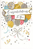 The artwork on this congratulations card is depicted as a graceful celebration in miniature, composed of balloons, glitter, and gentle colour. The main feature is a lush cluster of balloons rising vertically from the lower portion of the design, almost like a floral bouquet translated into shimmering orbs. The balloons appear in a coordinated palette of soft gold, cool silver, pale champagne, sky-tinted blue, blush rose, and light grey, each balloon overlapping or peeking from behind the others to give an impression of fullness. They are adorned with subtle patterns: tiny metallic stars sprinkled across the surfaces, elegant stripes wrapping around a few, and areas of fine glitter that suggest a delicate sparkle, similar to party lights glinting off windows near Roehampton's residential squares. Slender, curling ribbons trail from the base of the balloons, rendered in bright gold and silver lines that loop and meander, evoking the carefree energy of a celebration spilling out onto nearby streets. A curved banner is positioned across the centre of the balloon bundle, carrying the handwritten-style phrase 'Congratulations To You' in flowing, decorative script that feels friendly and sincere. Surrounding this focal point, scattered star shapes, little dots, and swirling accents drift across a pale background, creating an atmosphere of confetti and movement as if captured at the height of a toast at a gathering near Barnes Common or Richmond Park. The entire composition feels light, modern, and joyful without being overwhelming, making it suitable for a wide range of achievements-from new jobs and degrees to personal triumphs. The implied texture of the glitter and glossy ink adds a tactile dimension, perfect for pairing with a fresh bouquet delivered throughout Roehampton to mark a moment of genuine pride and happiness.